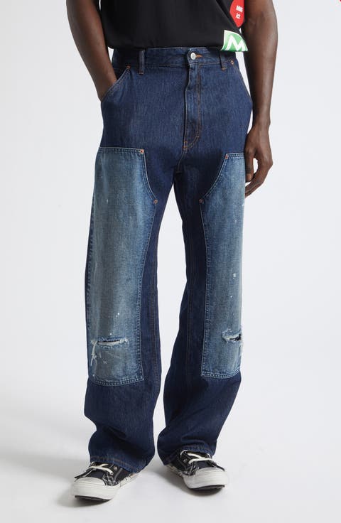 Ripped Knee Panelled Straight Leg Jeans