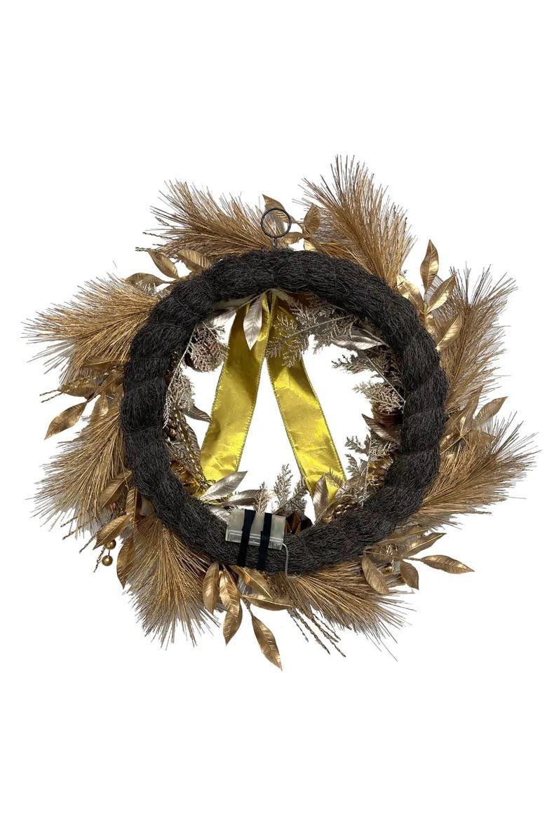 26" Gold Bow Pinecone & Ornament Pre-Lit Wreath, Alternate, color, Gold