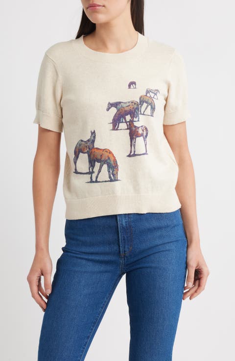 Wild Horse Print Short Sleeve Cotton Sweater