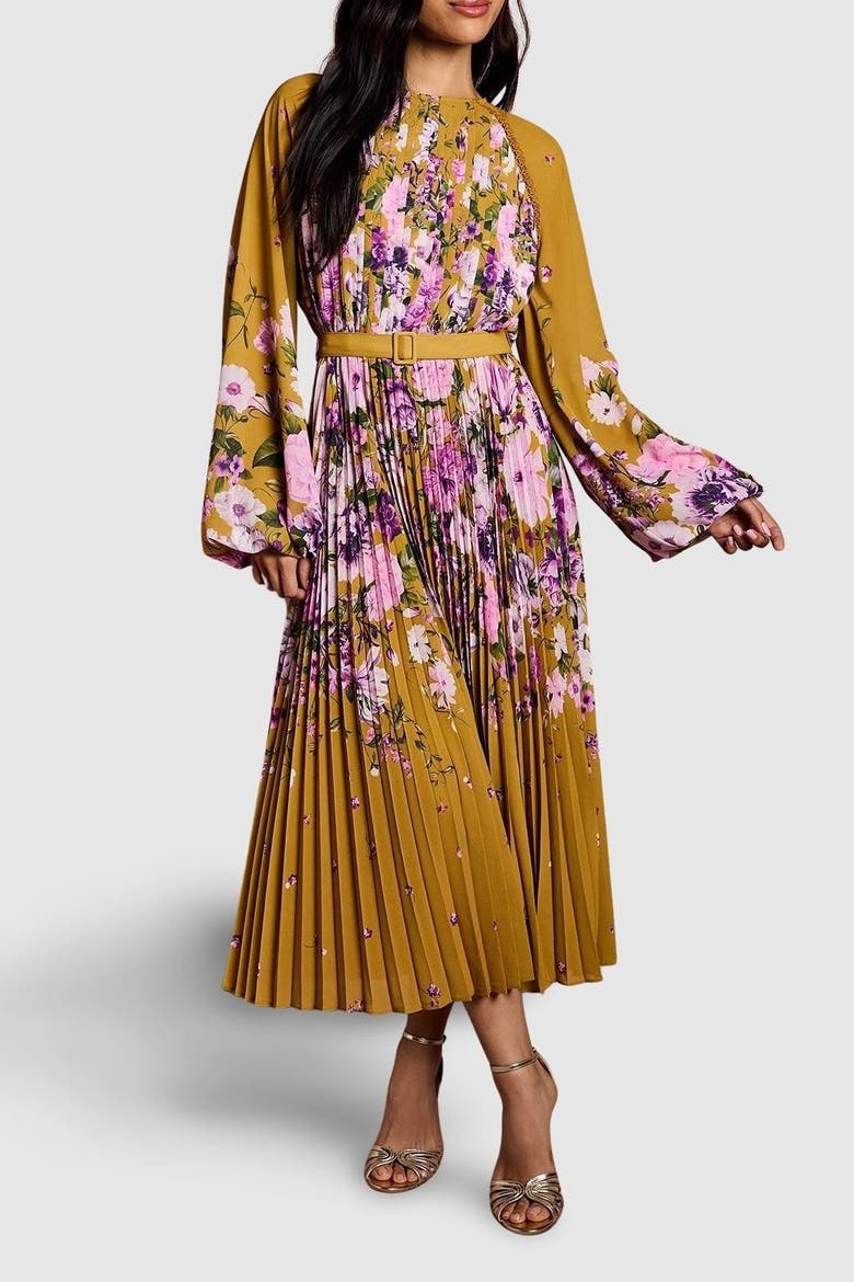 Floral Pleated Georgette Midi Dress, Main, color, Mustard