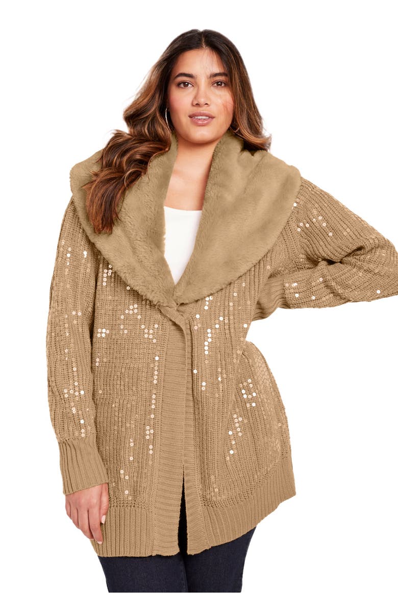 June + Vie Sequin Button-Up Sweater, Main, color, Soft Camel