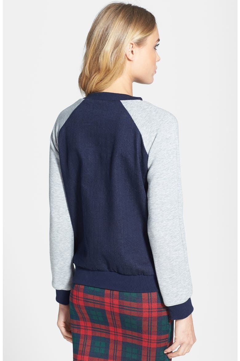 Moto Raglan Sleeve Denim Sweatshirt, Alternate, color, INDIGO