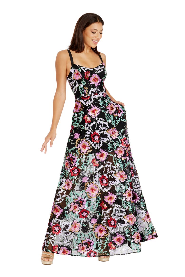 Nina Sequin Floral Fit & Flare Gown, Alternate, color, BLACK MULTI