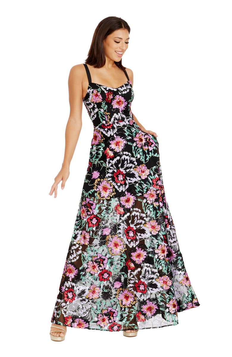 Dress the Population Nina Sequin Floral Fit & Flare Gown, Alternate, color, Black Multi