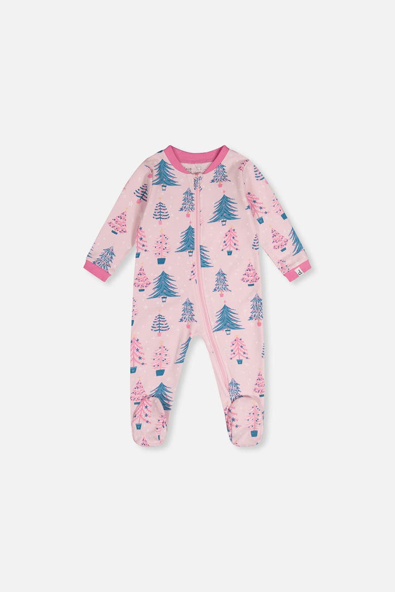 Tree Organic Cotton Front Zipper Footed One Piece Pajama, Main, color, Pink Printed with Trees