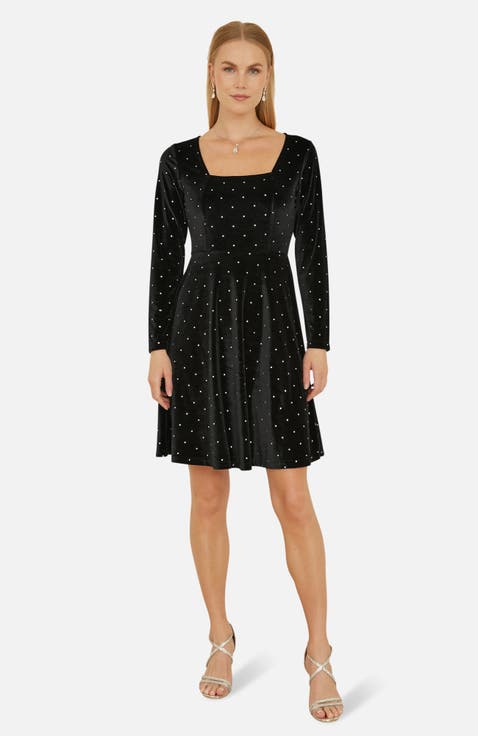 Diamante Long-Sleeve Skater Dress