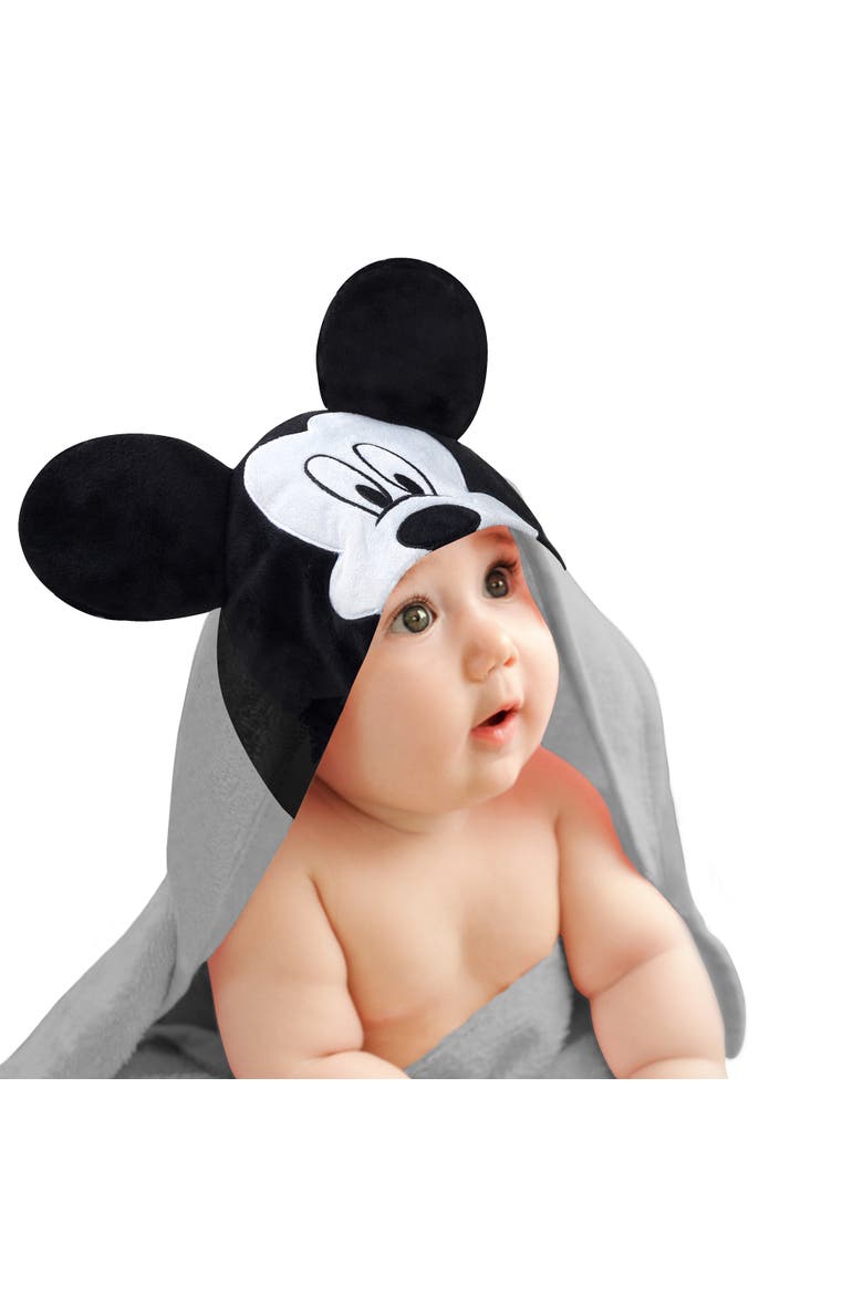 Disney Baby Mickey Mouse Cotton Hooded Baby Bath Towel, Main, color, Gray