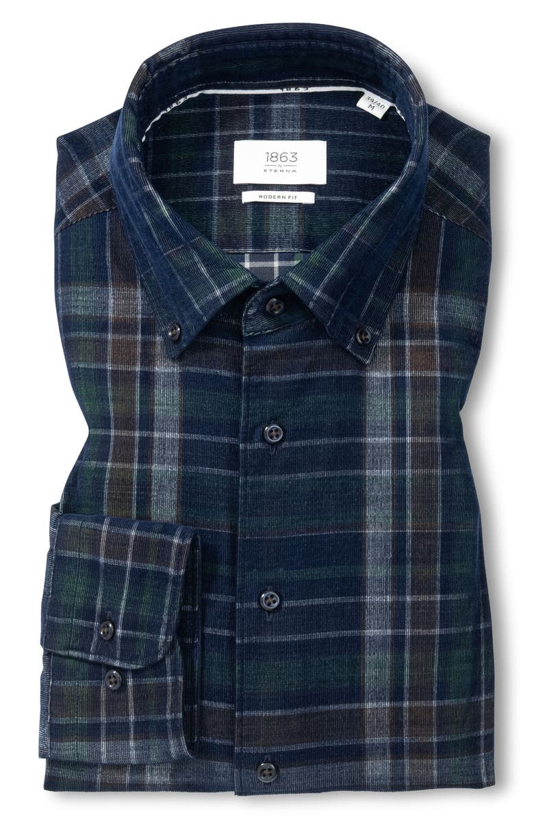 Eterna Fine Wale Corduroy Modern Fit Button Front Shirt, Main, color, Grey Blue