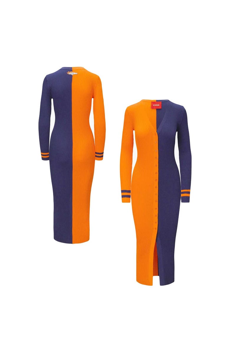 STAUD Women's STAUD Orange/Navy Denver Broncos Shoko Knit Button-Up Sweater Dress, Main, color, 
