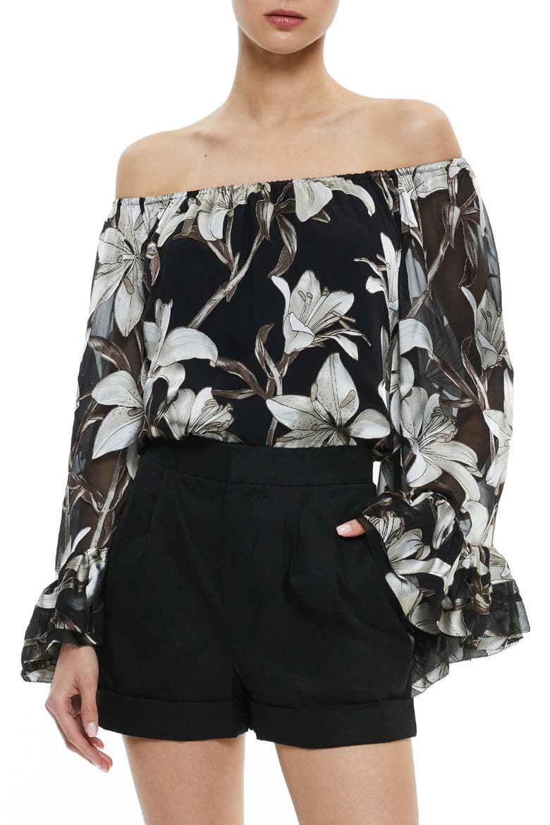 Ardelia Floral Burnout Chiffon Off the Shoulder Top, Main, color, STARGAZER BLACK LG