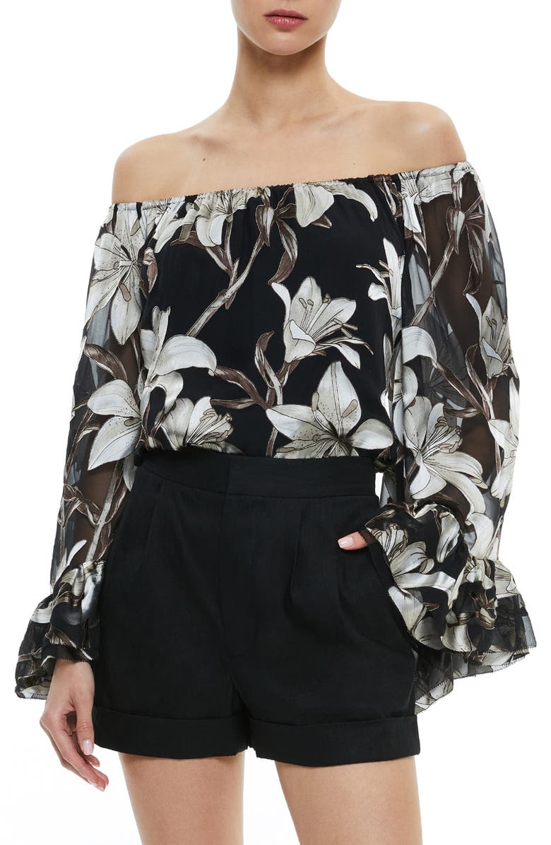 Alice + Olivia Ardelia Floral Burnout Chiffon Off the Shoulder Top, Main, color, 