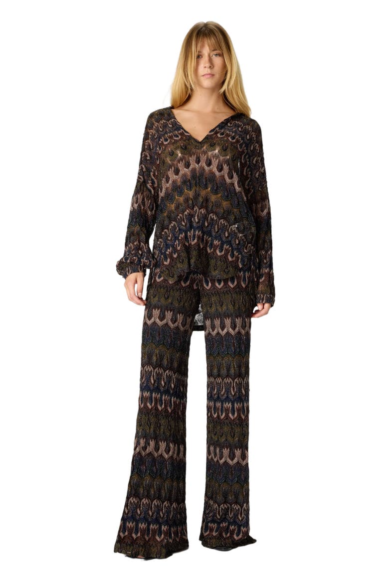 Trousers In Viscose Lamé Arabesque Motif, Main, color, Brown