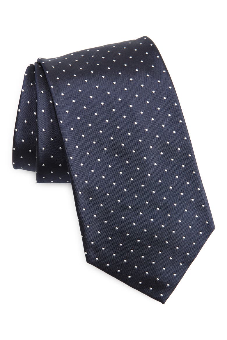 Pin Dot Silk Peau de Soie Tie, Main, color, NAVY