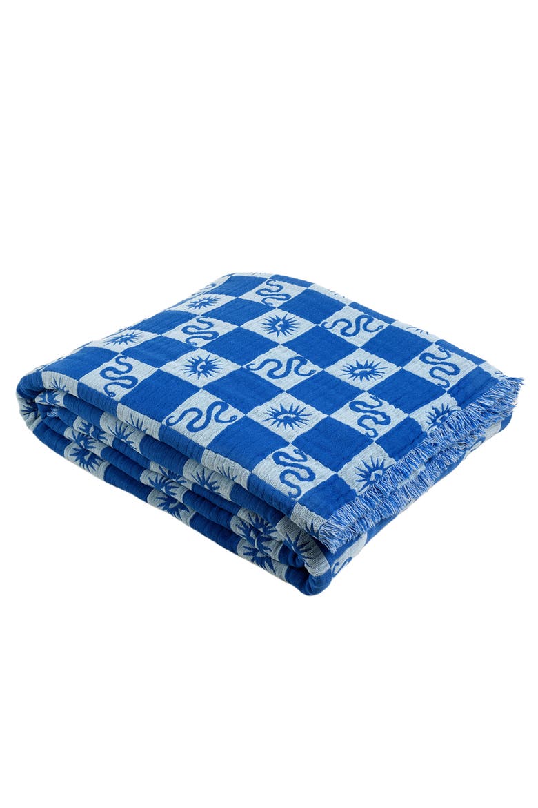 Costa Geometric Jacquard Fringed Oversiezed King Coverlet, Alternate, color, Medium Blue