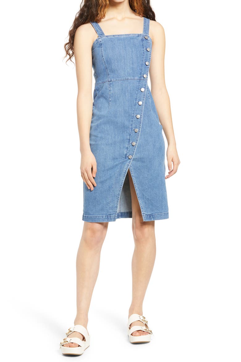 Julia Asymmetrical Button Front Denim Sundress, Main, color, MEDIUM BLUE DENIM