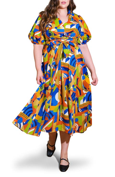 Printed Tie Waist Tiered Maxi Dress (Plus)