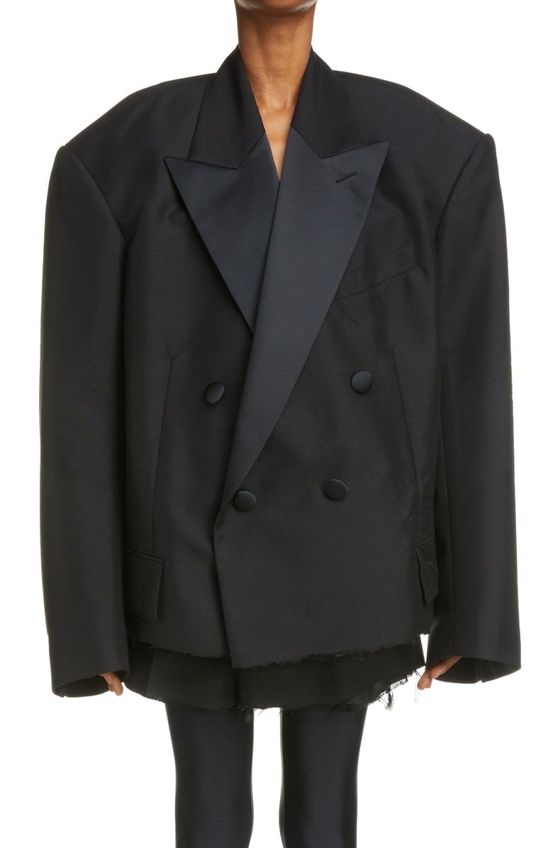 Balenciaga Oversize Raw Hem Crop Wool & Mohair Tuxedo Blazer, Main, color, 