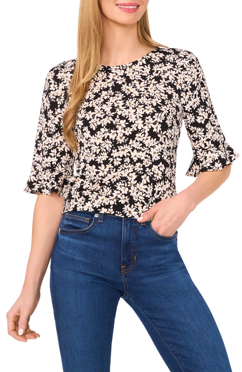 CeCe Floral Print Ruffle Sleeve Top, Main, color, Rich Black