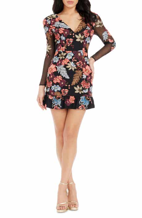 Dress the Population Kelsey Embroidered Long Sleeve Cocktail Minidress