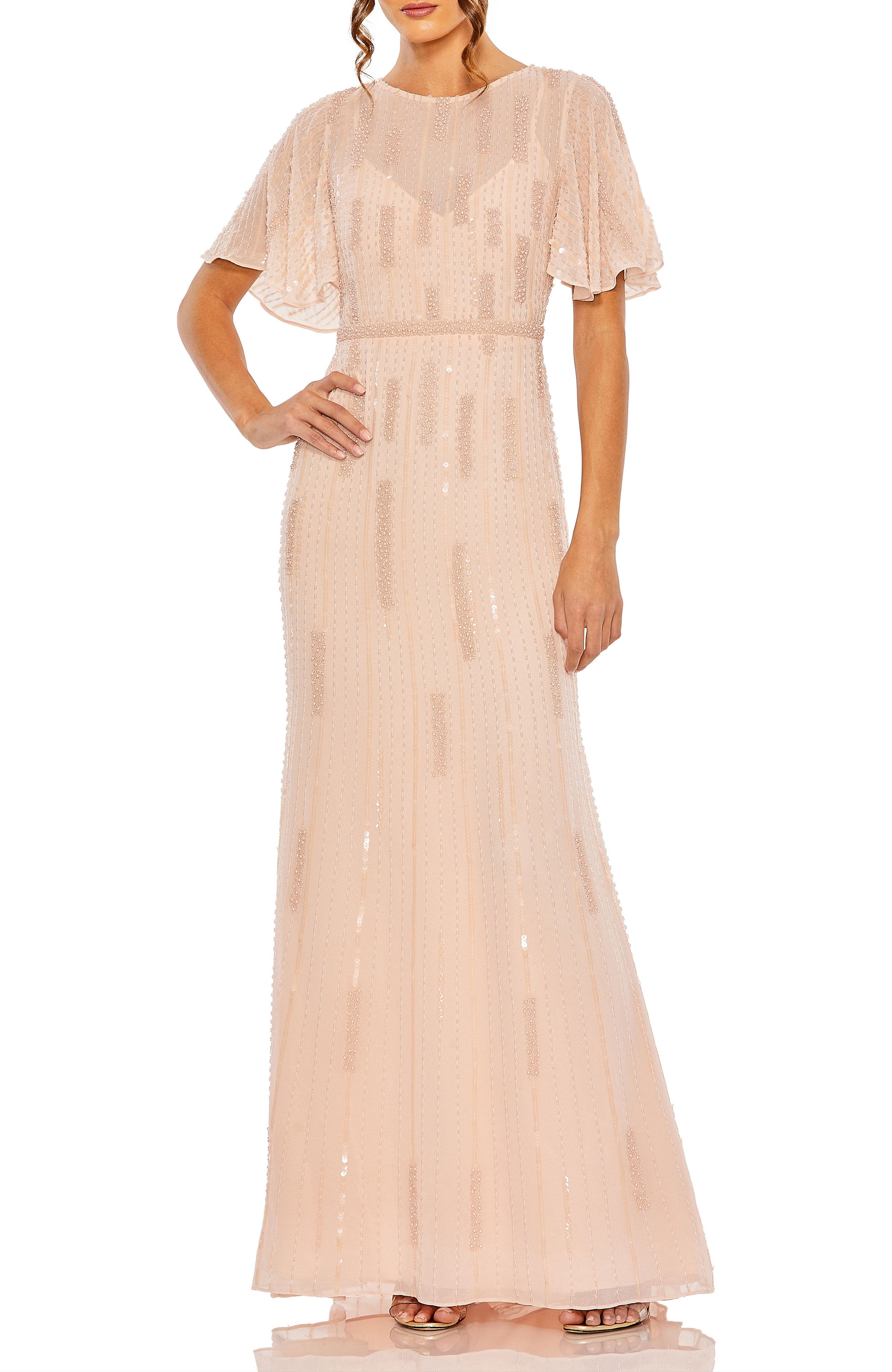 High Neck Flutter Sleeve Embellished Gown