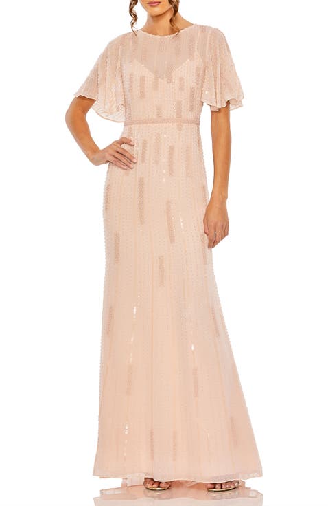 High Neck Flutter Sleeve Embellished Gown