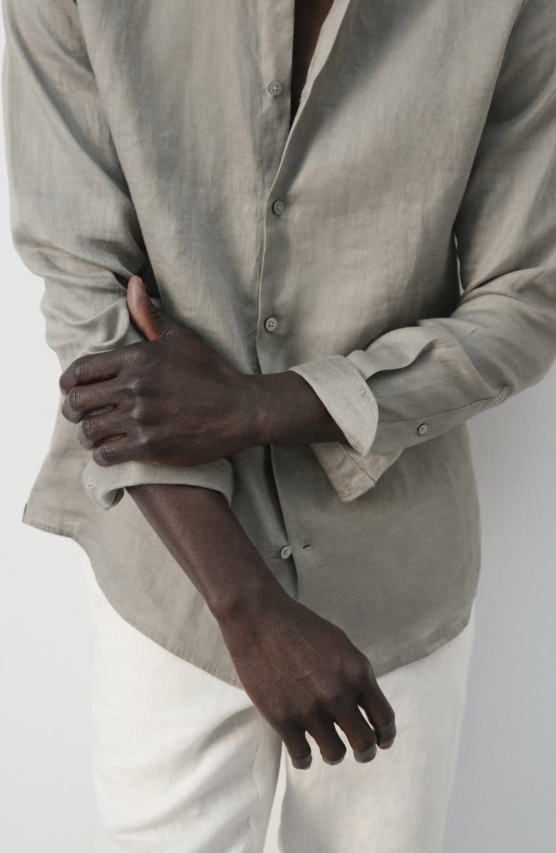 MANGO Slim Fit Linen Button-Up Shirt, Alternate, color, Medium Brown