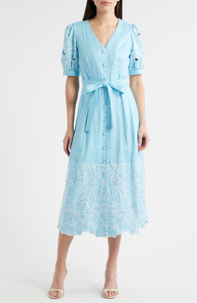 Elie Tahari The Jade Linen Blend Eyelet Midi Dress, Main, color, 