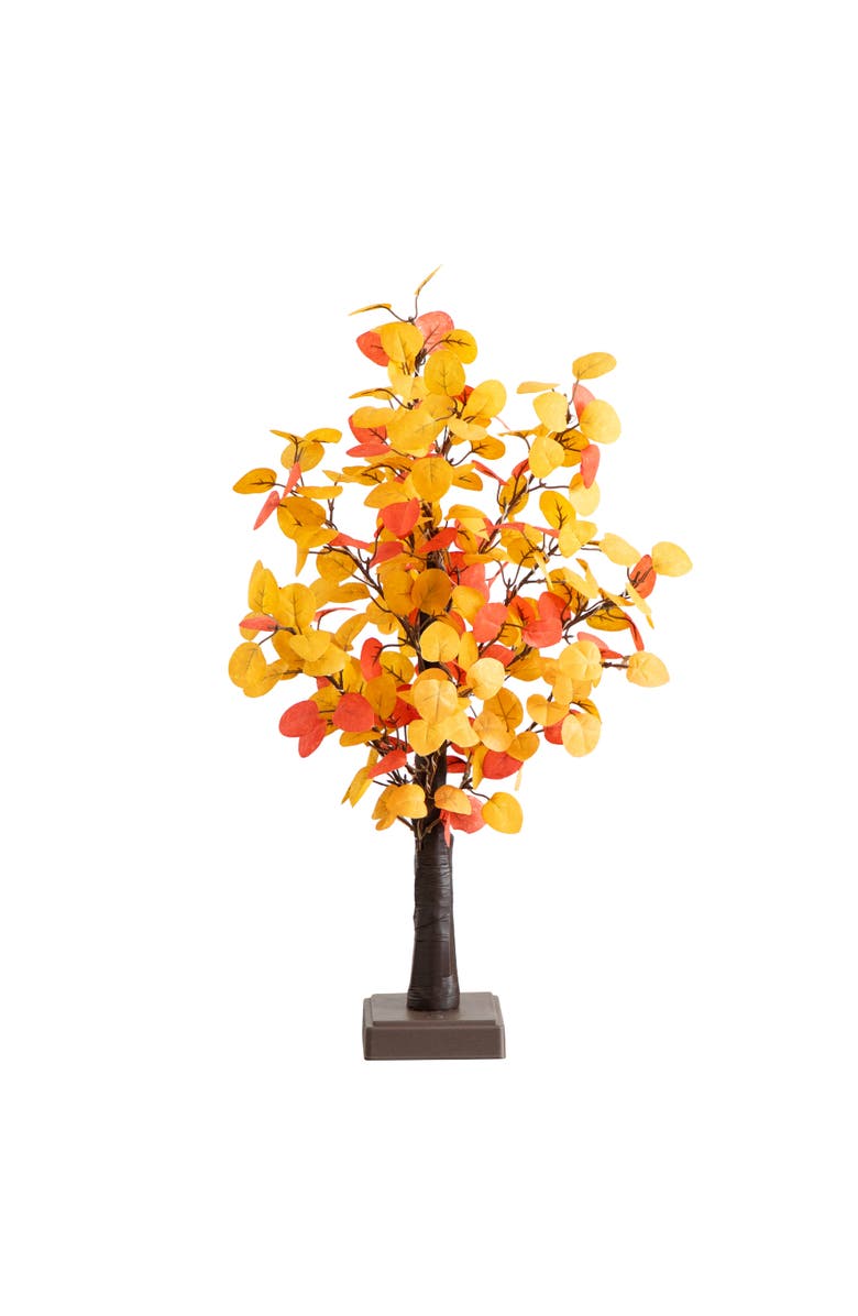 NEARLY NATURAL 21-in Pre-Lit Bright Autumn Eucalyptus Artificial Fall Tree with 50 Warm White LED Lights and Detachable Base, Main, color, Orange