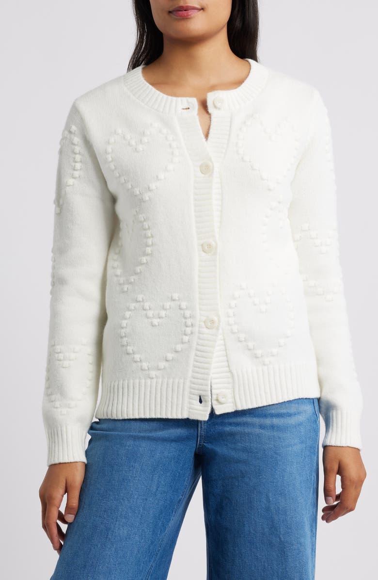 Bobeau Embroidered Heart Cardigan, Main, color, Cream