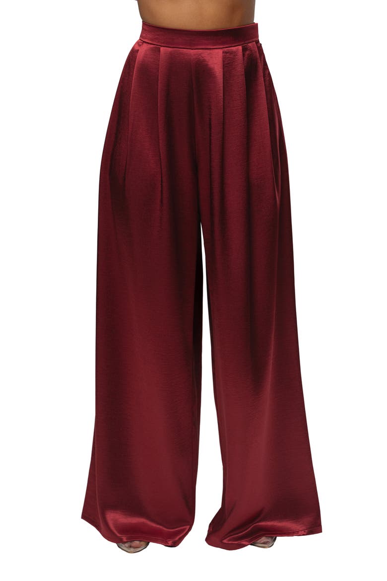 Pleated Wide Leg Satin Pants, Main, color, RED