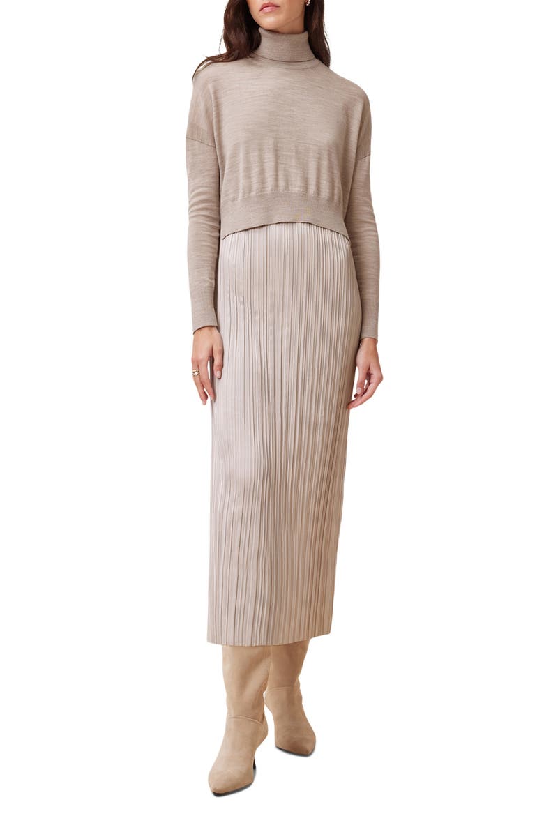 Vittoria Merino Wool High-Low Sweater & Micropleat Midi Dress Set, Main, color, FAWN BROWN