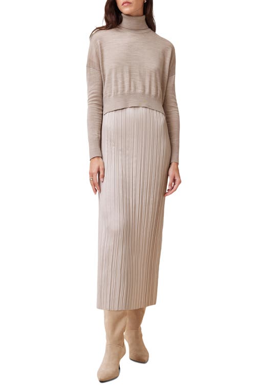 Allsaints Vittoria Merino Wool High-low Sweater & Micropleat Midi Dress Set In Fawn Brown