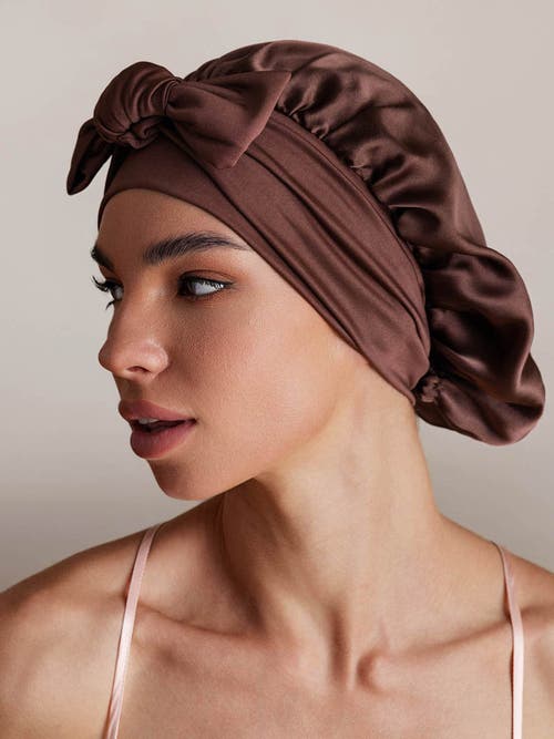 Silksilky Pure Silk Bowknot Tie Bonnet In Brown