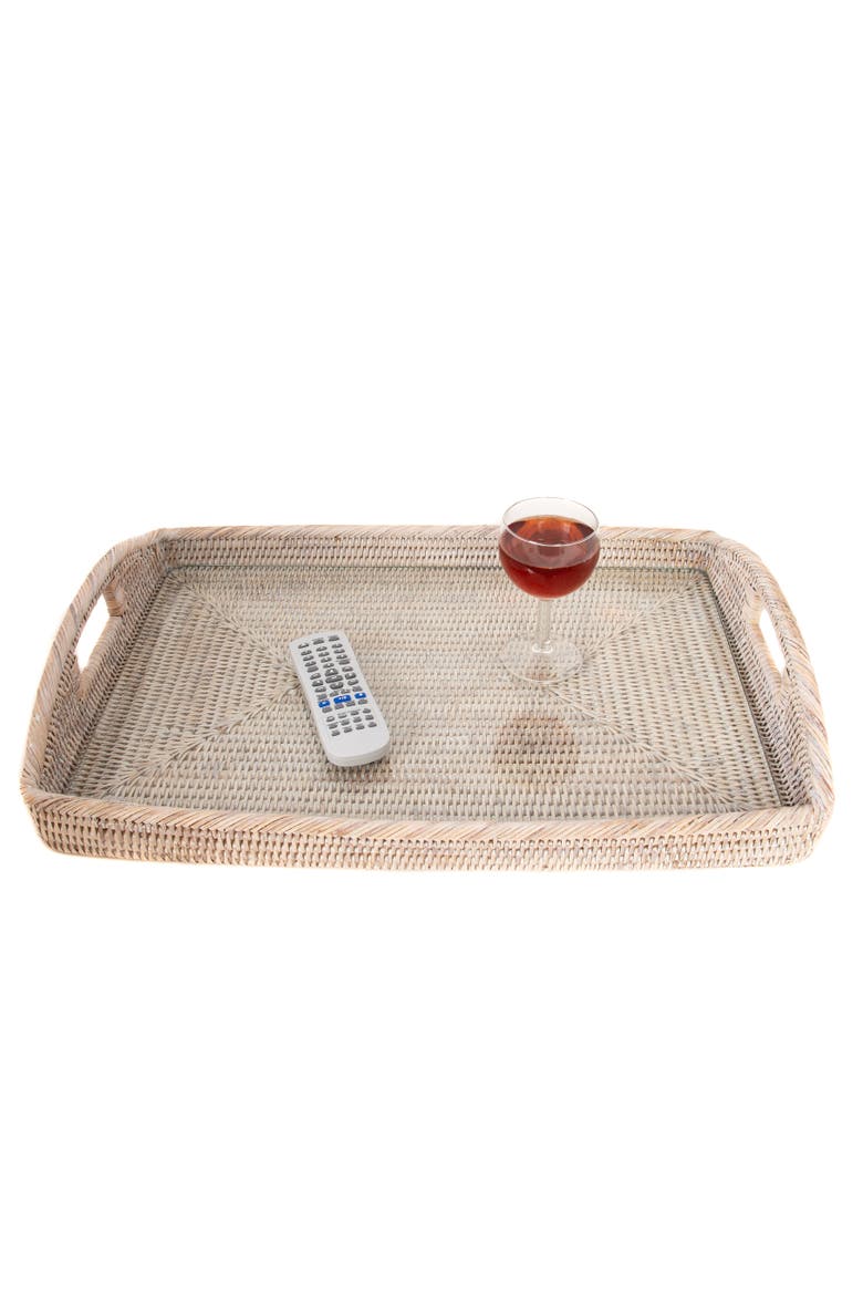Rectangular Rattan Tray with Glass Insert, Alternate, color, White Wash