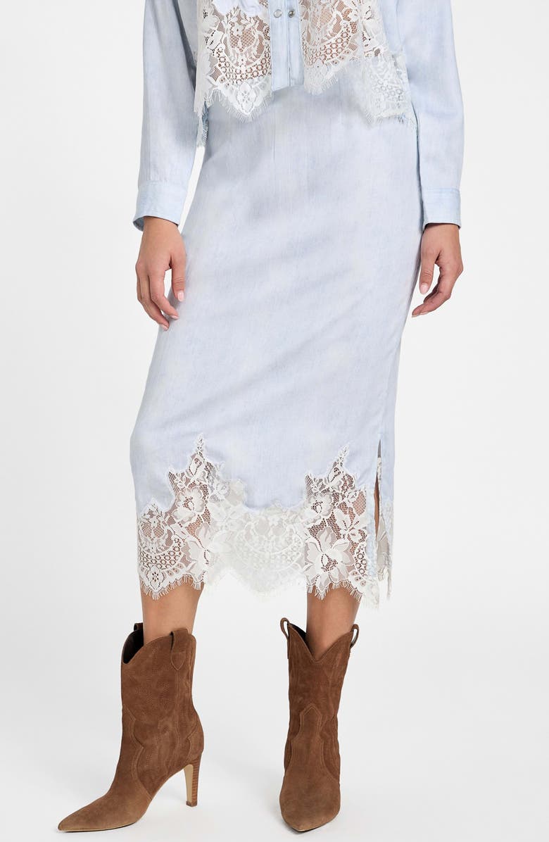 GUESS Lana Lace Trim Midi Skirt, Main, color, Nimbus Blue