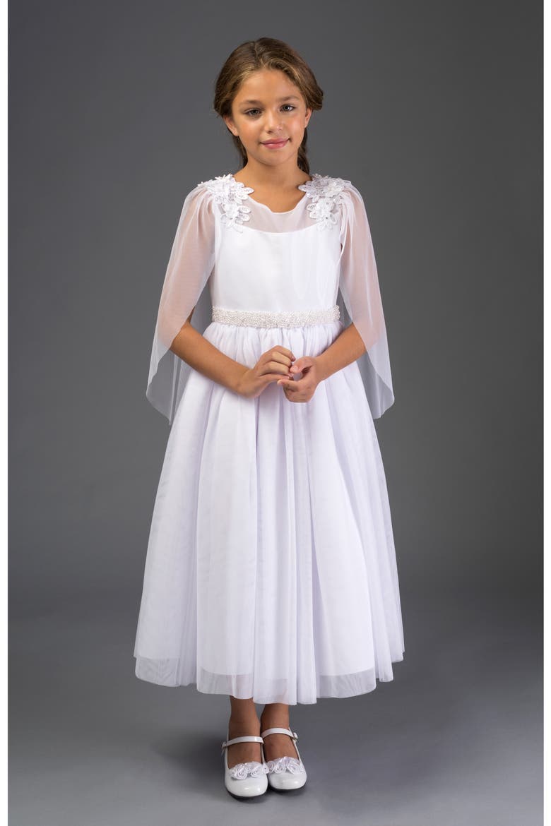 Iris & Ivy Illusion Lace Cape Sleeve First Communion Dress, Alternate, color, WHITE