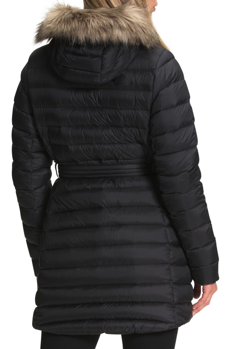 The North Face Transverse Water Repellent 550 Fill Power Down Belted Parka with Faux Fur Trim, Alternate, color, 