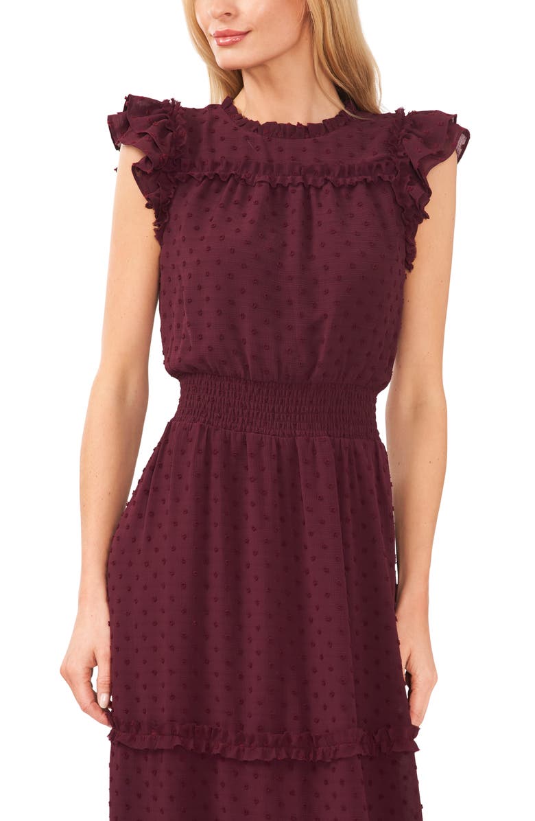 CeCe Clip Dot Flutter Sleeve Midi Dress, Alternate, color, Rich Cabernet