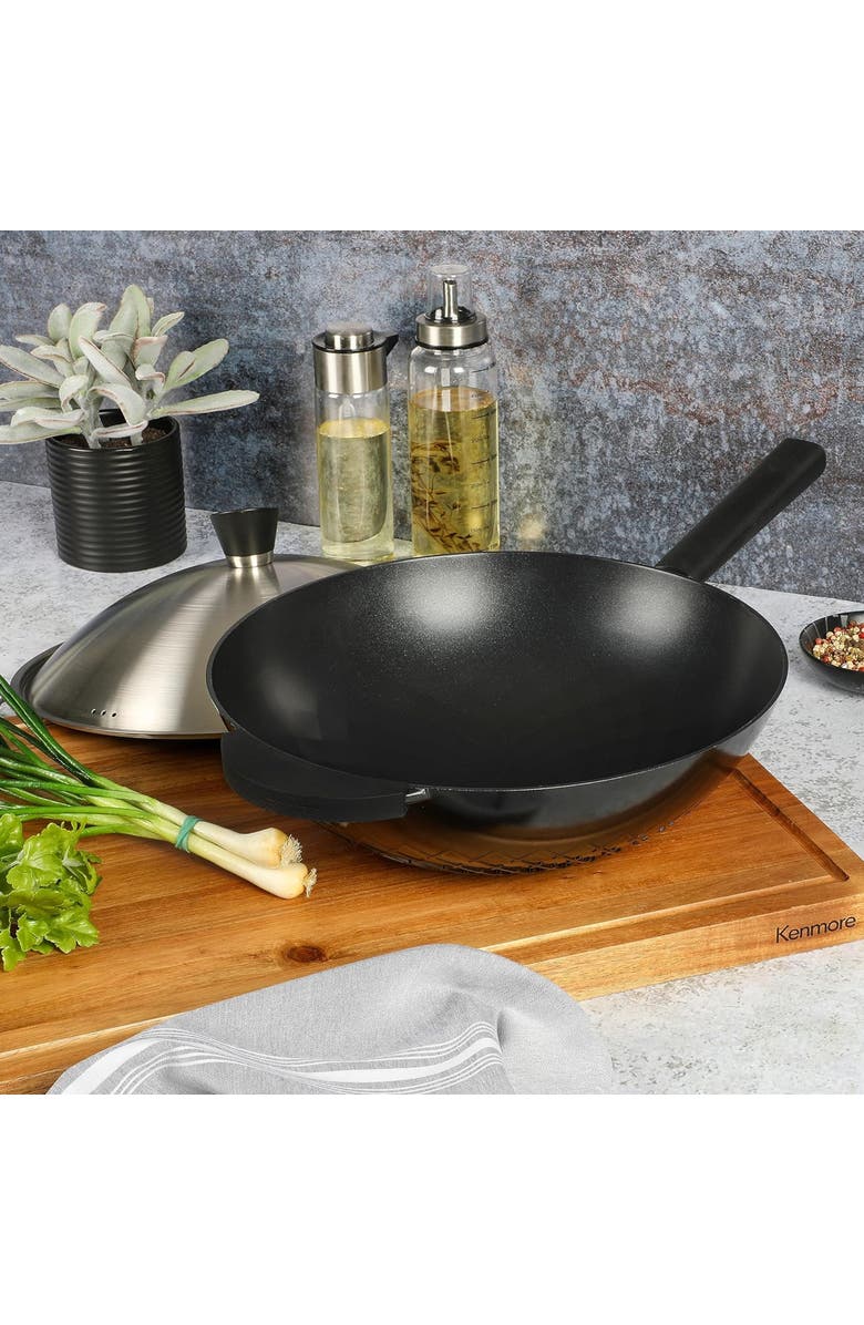 Kenmore Eugene 13 Inch Nonstick Cast Alumium Wok with Stainless Steel Lid, Alternate, color, Black
