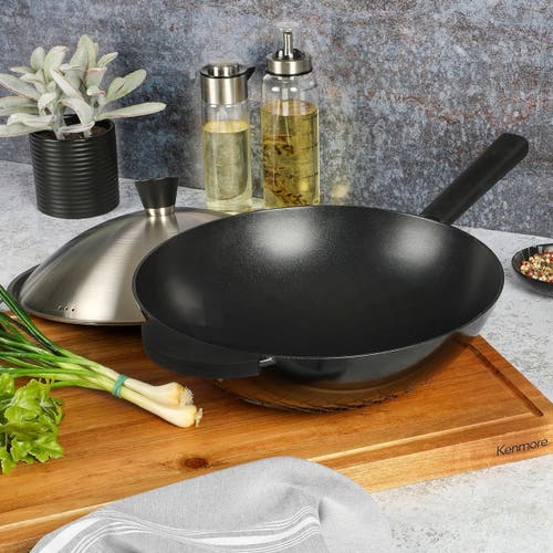 Kenmore Eugene 13 Inch Nonstick Cast Alumium Wok With Stainless Steel Lid In Black