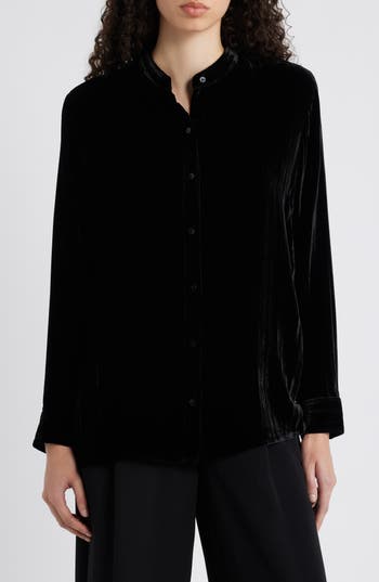 Eileen Fisher Crushed Velvet Band Collar Button-up Shirt In Black