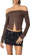 EDIKTED Clarissa Off the Shoulder Long Sleeve Rib Top