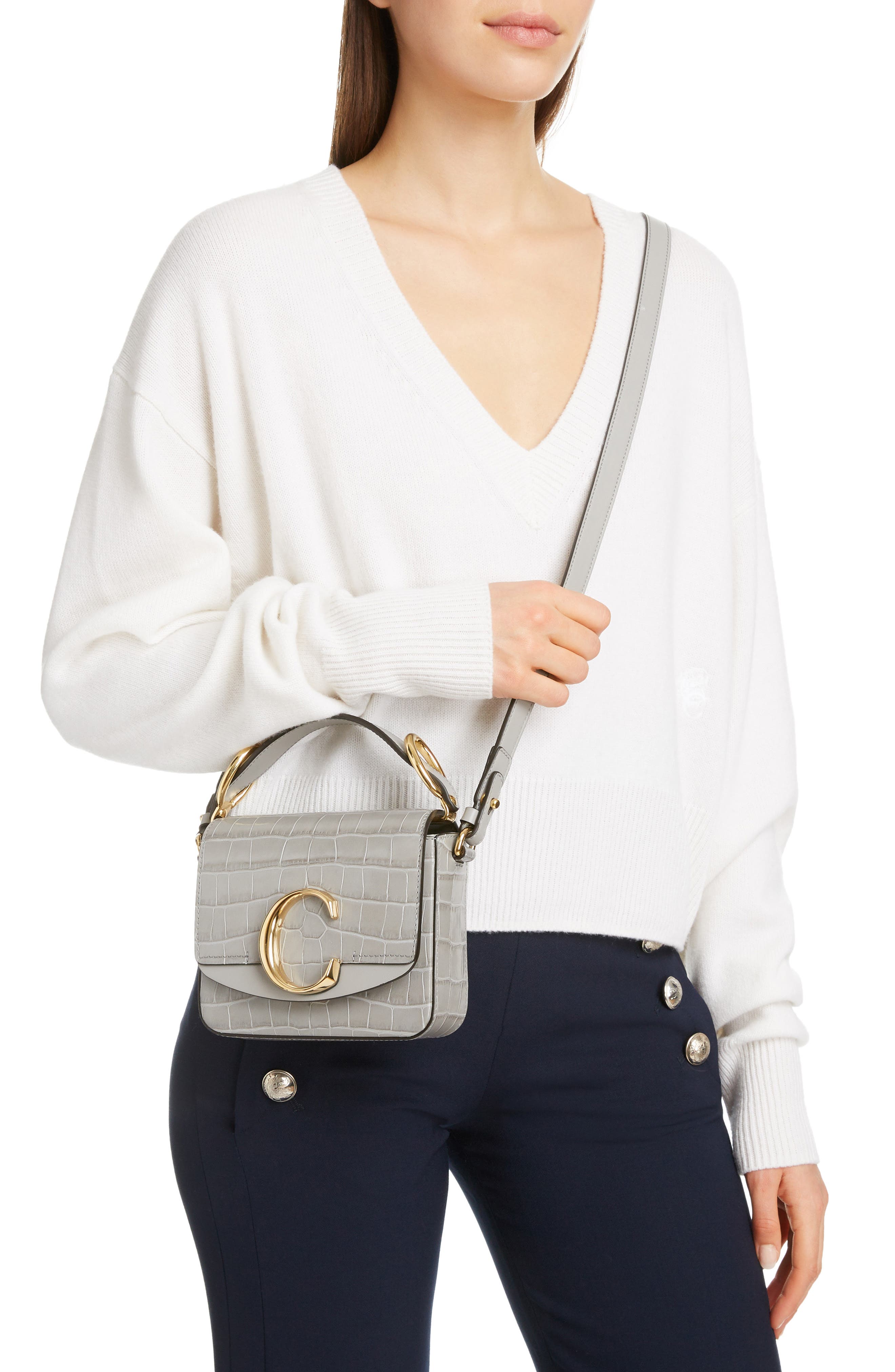 Chloé Mini C Croc Embossed Leather Satchel, Alternate, color, 