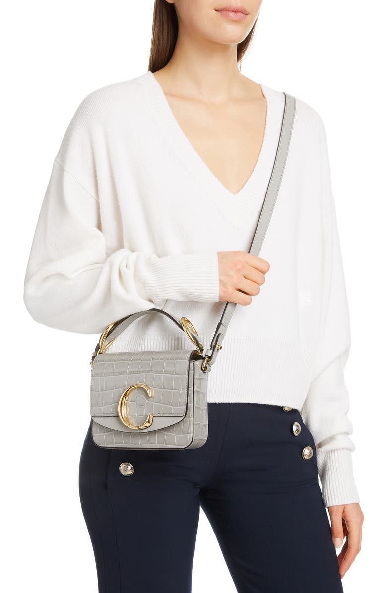Chloé Mini C Croc Embossed Leather Satchel, Alternate, color,