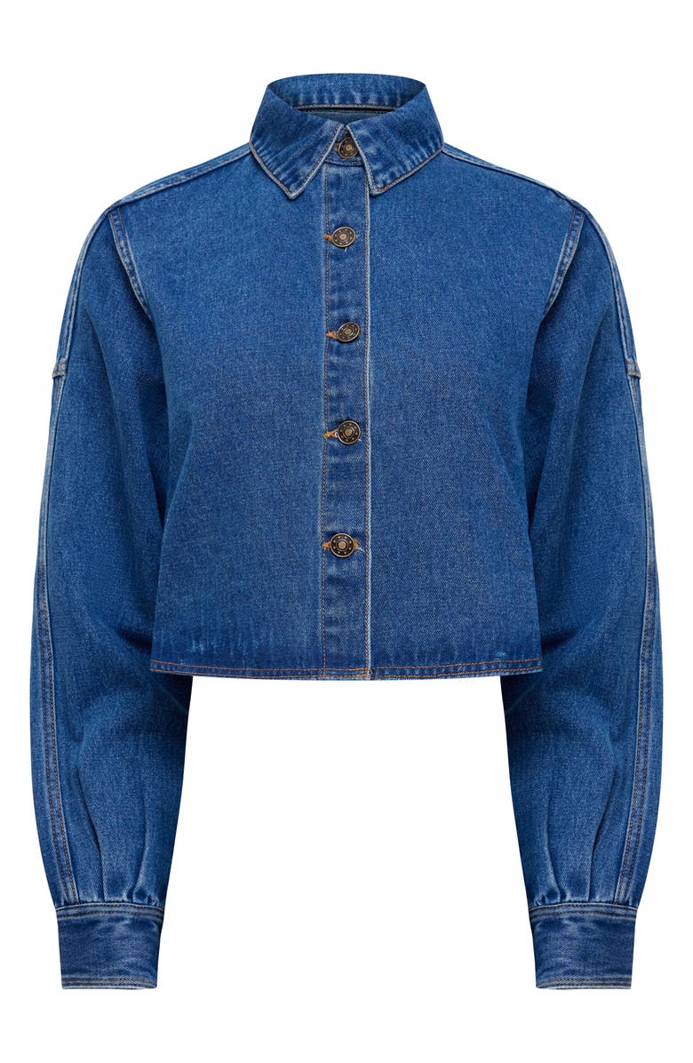 LIONESS Sundrenched Denim Crop Button-Up Shirt, Alternate, color, Mid Wash