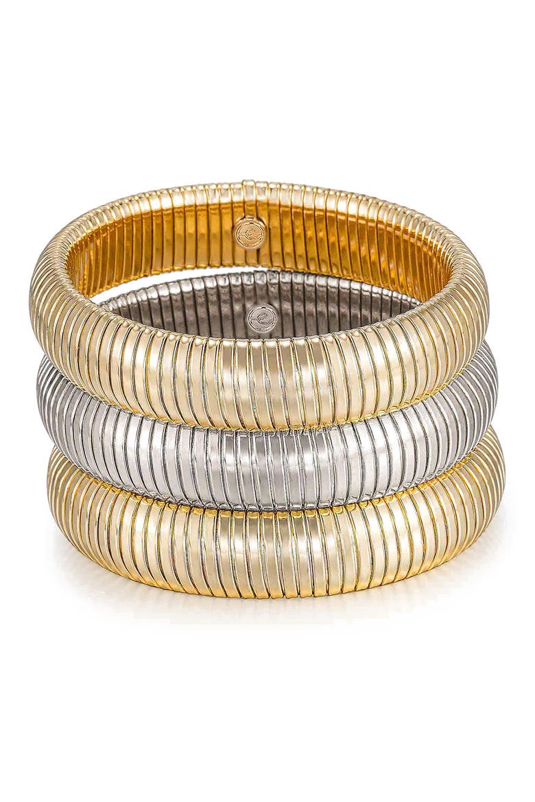 Set of 3 Two Tone Stretch Cuff Bracelets, Main, color, MIXED METAL