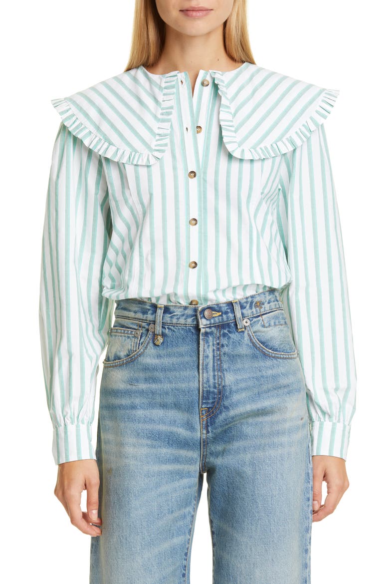 Stripe Ruffle Collar Cotton Poplin Blouse, Main, color, KALAMATA