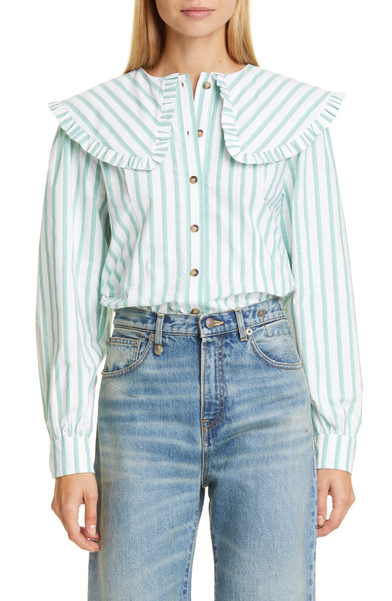 Ganni Stripe Ruffle Collar Cotton Poplin Blouse, Main, color, 