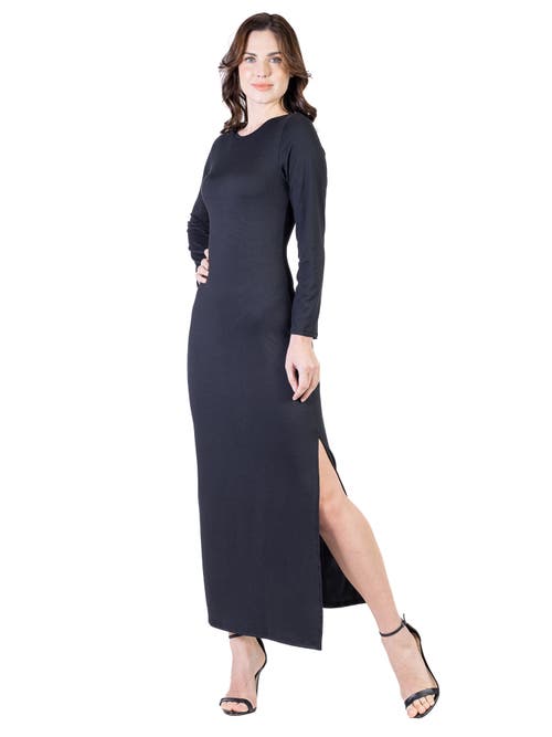 24seven Comfort Apparel Long Sleeve Side Slit Fitted Black Maxi Dress In Black