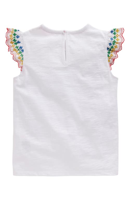 Mini Boden Kids' Embroidered Eyelet Flutter Sleeve Cotton T-shirt In White